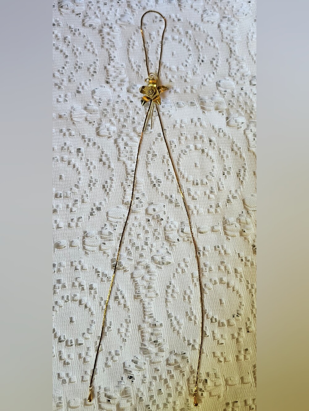Vintage Gold Tone Mesh Rose Flower Slider Lariat Necklace